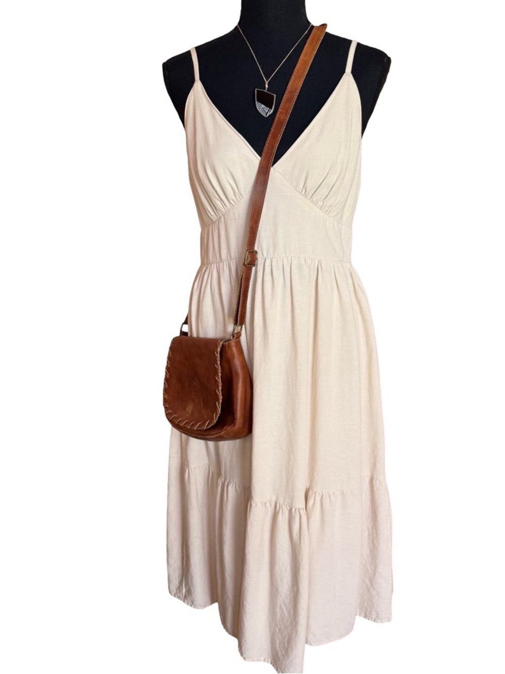 Boho Cotton Blend Cream Tiered Midi V Neck Sundress Size Large